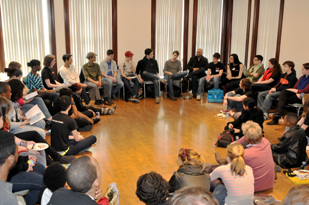 Over fifty high school students congregate after <em>A Separate Peace</em> to meet the actors and talk about the play.