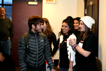Actor Patrick Andrews (Bobby) greats Young Adult Council members Viviani Valadez and Karen Valencia at the start of Saturday’s MaTEENée 