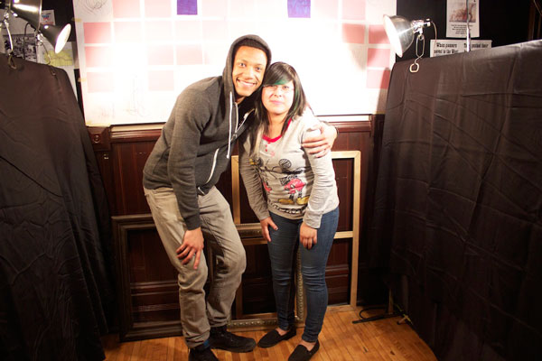 Jerry MacKinnon (Chuck from <em>Leveling Up</em>) poses with a teen in the DIY-photo booth.