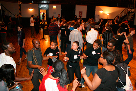 Playwright Tarell Alvin McCraney, Phillip James Brannon (Oshoosi), Tamberla Perry (Shun/Osha) and ensemble member Alana Arena (Oya) dance to the music of the authentic soul band, Aniba Hotep & the Sol Collective.