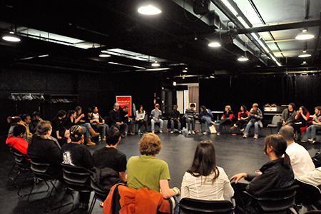 Students congregate in the Garage Theatre for the Art MaTEENée