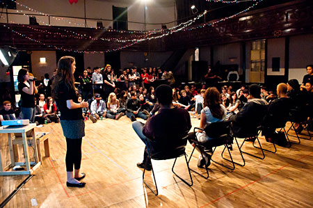 Young Adult Council members Jordan Einhorn and Chelsea Smith lead a post-show discussion with the actors from Hot L Baltimore