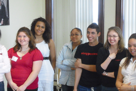 Young Adult Council members Jorge Santiago and Alex Frisch with MaTEENée participants