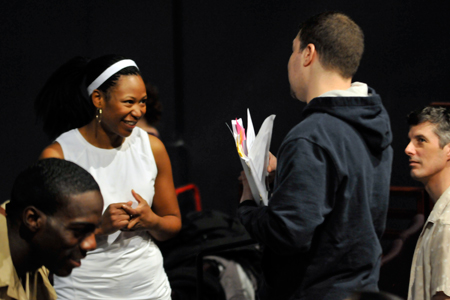 Ensemble member Alana Arenas speaking with David Rosenberg (Communications Director), with Rodrick Covington and Jeff Parker