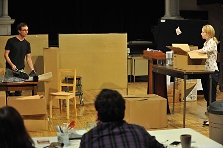 Natasha Lowe and Jay Whittaker in front of Playwright Sam Marks