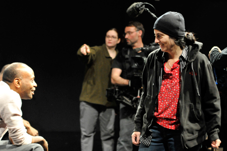 Ensemble members K. Todd Freeman and Tina Landau with HMS Media crew in the background