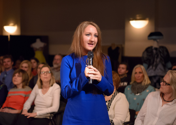 Designer Elena Bobysheva answers questions from the judges about her design