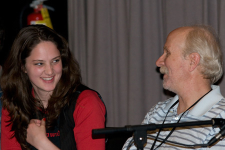 Young Adult Council member Grace McQueeny dicusses the play with actor Richard Henzel