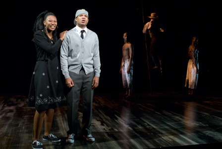 Ensemble member Alana Arenas with Glenn Davis (foreground), Phillip James Brannon and Rodrick Covington (background) in <em>Marcus; Or the Secret of Sweet</em>