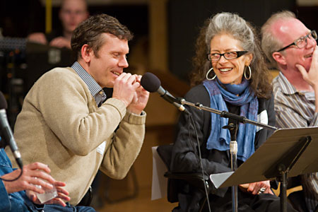 Playwright Will Eno, Artistic Director Martha Lavey and ensemble member Tracy Letts during the artistic conversation