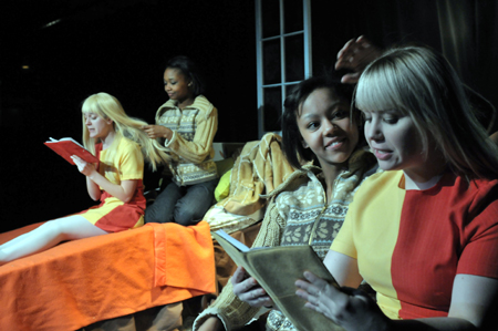Teeny Lamothe, Ashleigh LaThrop, Paige Collins and Kathryn Hribar in Dog & Pony Theatre Company’s world premiere of The Twins Would Like to Say