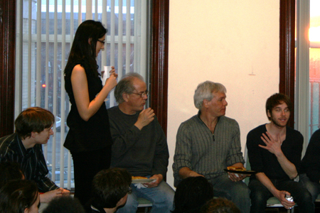 Young Adult Council member Safiya Nygaard facilitates a post-show discussion with ensemble member Francis Guinan (Don) and actors Kurt Ehrman (understudy Teach/Don) and Patrick Andrews (Bobby)