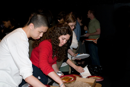 Young Adult Council members Sean Chang, Laura Fisher and Alexandria Frisch grab a bite to eat